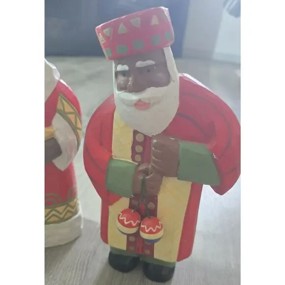 3 Vintage Painted Folk Art Christmas African / Brown Santa Figures Decor 10" - Picture 3 of 16